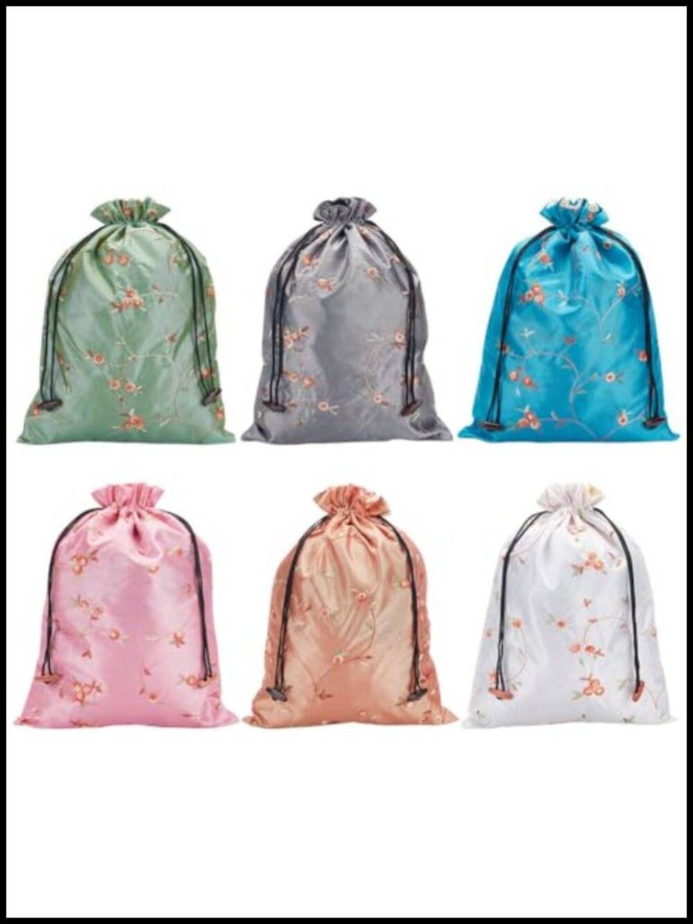 Set of 6 Embroidered Silk Drawstring Bags for Travel Storage Jewelry Underwear